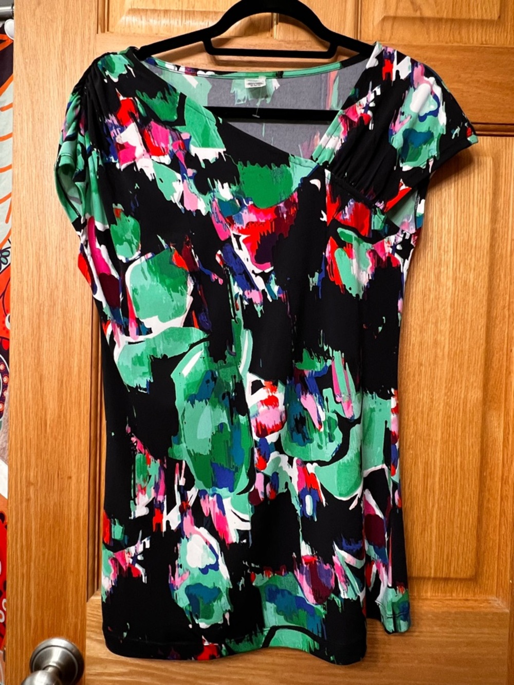 Jockey Black Abstract Floral V-Neck Tunic with Green & Red Accents